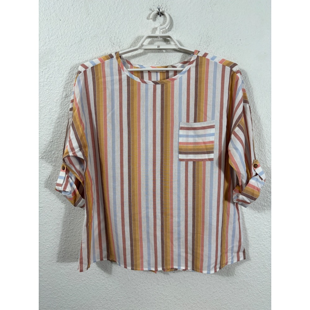 Soft Surrounds Top Womens PXL Multi Color Striped Roll Tab Long Sleeve